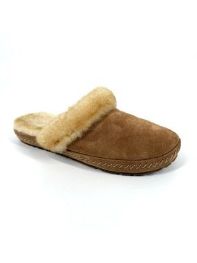 LL Bean Mule Slippers Womens Size 9 Brown Suede Leather Shearling Lined Shoes